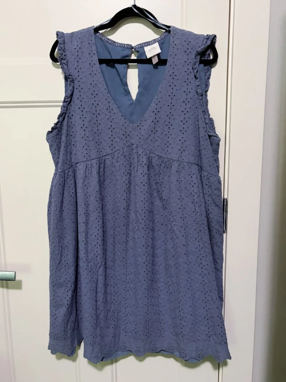 Knox Rose - XL Ruffle Short Sleeve Eyelet Lined A-Line Dress - Blue - Picture 3 of 8